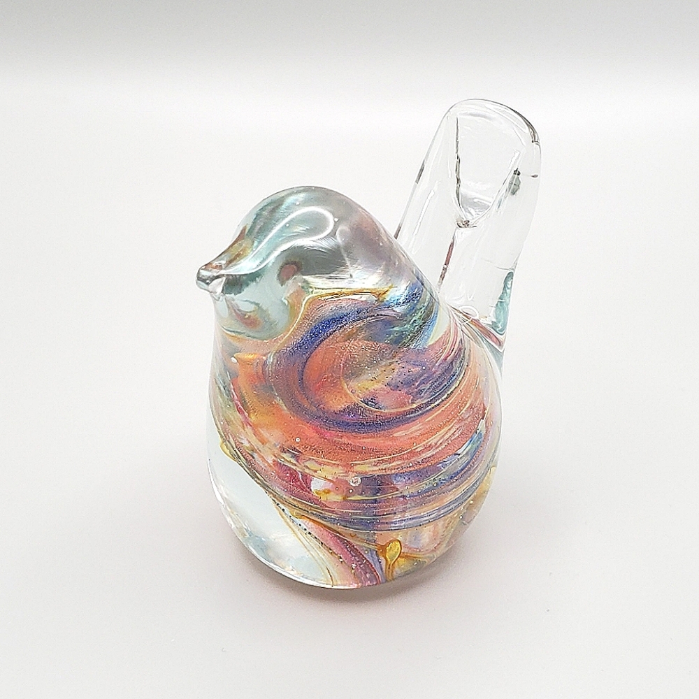 Vintage Hand-Blown Glass Bird Paperweight With Colorful Swirls